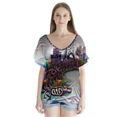 Abstract Art Psychedelic Art Experimental V-neck Flutter Sleeve Top by Uceng
