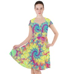 Fractal Spiral Abstract Background Vortex Yellow Cap Sleeve Midi Dress by Uceng