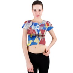 City Houses Cute Drawing Landscape Village Crew Neck Crop Top by Uceng