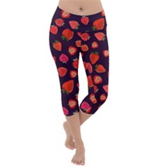 Strawberry On Black Lightweight Velour Capri Yoga Leggings by SychEva