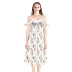 Roses-white Shoulder Tie Bardot Midi Dress by nateshop