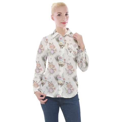 Roses-white Women s Long Sleeve Pocket Shirt by nateshop