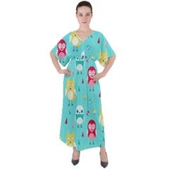 Owls Owl Bird Cute Animal Art Vector  Pattern Colorful V-neck Boho Style Maxi Dress by Salman4z