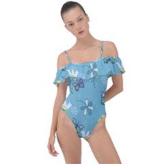 Butterflies Flowers Blue Background Spring Pattern Frill Detail One Piece Swimsuit by Ravend