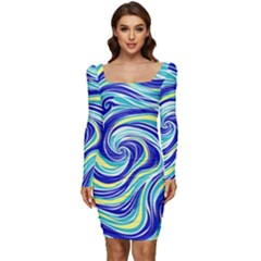 Pattern Design Swirl Watercolor Art Women Long Sleeve Ruched Stretch Jersey Dress by Ravend