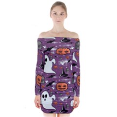 Pumpkin Ghost Witch Hat Halloween Sketch Holiday Long Sleeve Off Shoulder Dress by Ravend