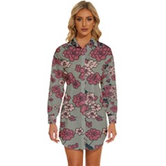 Traditional Cherry Blossom On A Gray Background Womens Long Sleeve Shirt Dress