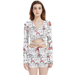 Cute Cat Chef Cooking Seamless Pattern Cartoon Velvet Wrap Crop Top And Shorts Set by Salman4z