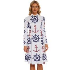 Nautical Seamless Pattern Long Sleeve Shirt Collar A-line Dress by Salman4z