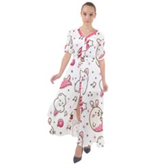 Cute Animal Seamless Pattern Kawaii Doodle Style Waist Tie Boho Maxi Dress by Salman4z