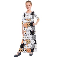 Cute-cat-kitten-cartoon-doodle-seamless-pattern Kids  Quarter Sleeve Maxi Dress by Salman4z