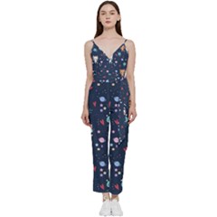 Cute-astronaut-cat-with-star-galaxy-elements-seamless-pattern V-neck Spaghetti Strap Tie Front Jumpsuit by Salman4z