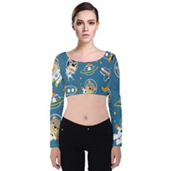 Seamless-pattern-funny-astronaut-outer-space-transportation Velvet Long Sleeve Crop Top by Salman4z