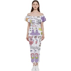 Fantasy-things-doodle-style-vector-illustration Off Shoulder Ruffle Top Jumpsuit by Salman4z