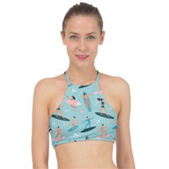Beach-surfing-surfers-with-surfboards-surfer-rides-wave-summer-outdoors-surfboards-seamless-pattern- Racer Front Bikini Top by Salman4z