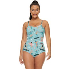Beach-surfing-surfers-with-surfboards-surfer-rides-wave-summer-outdoors-surfboards-seamless-pattern- Retro Full Coverage Swimsuit by Salman4z