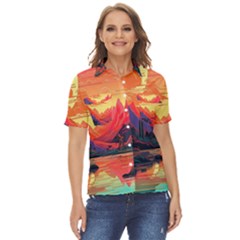 Tropical Landscape Island Background Wallpaper Women s Short Sleeve Double Pocket Shirt