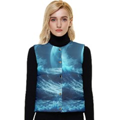 Moonlight High Tide Storm Tsunami Waves Ocean Sea Women s Short Button Up Puffer Vest