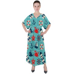 Seamless-pattern-nautical-icons-cartoon-style V-neck Boho Style Maxi Dress by Salman4z