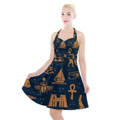 Dark-seamless-pattern-symbols-landmarks-signs-egypt Halter Party Swing Dress  by Salman4z