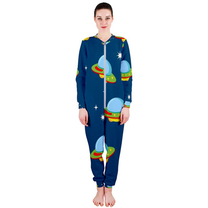Seamless-pattern-ufo-with-star-space-galaxy-background OnePiece Jumpsuit (Ladies)