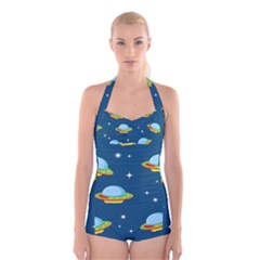Seamless-pattern-ufo-with-star-space-galaxy-background Boyleg Halter Swimsuit  by Salman4z
