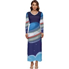 Ufo-alien-spaceship-galaxy Long Sleeve Longline Maxi Dress