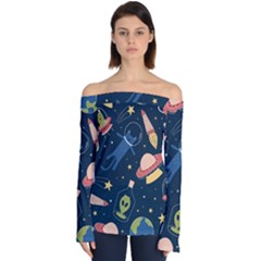 Seamless-pattern-with-funny-aliens-cat-galaxy Off Shoulder Long Sleeve Top by Salman4z
