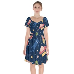 Seamless-pattern-with-funny-aliens-cat-galaxy Short Sleeve Bardot Dress by Salman4z