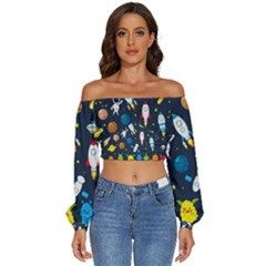 Big-set-cute-astronauts-space-planets-stars-aliens-rockets-ufo-constellations-satellite-moon-rover-v Long Sleeve Crinkled Weave Crop Top by Salman4z