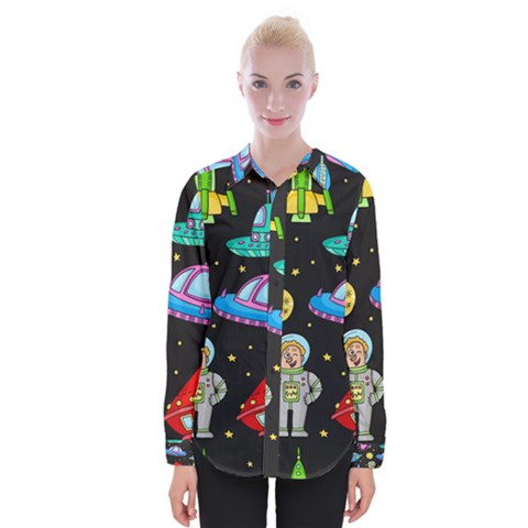 Seamless-pattern-with-space-objects-ufo-rockets-aliens-hand-drawn-elements-space Womens Long Sleeve Shirt by Salman4z