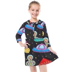 Seamless-pattern-with-space-objects-ufo-rockets-aliens-hand-drawn-elements-space Kids  Quarter Sleeve Shirt Dress by Salman4z