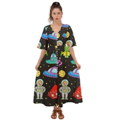 Seamless-pattern-with-space-objects-ufo-rockets-aliens-hand-drawn-elements-space Kimono Sleeve Boho Dress by Salman4z