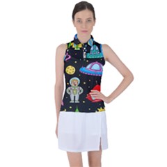 Seamless-pattern-with-space-objects-ufo-rockets-aliens-hand-drawn-elements-space Women s Sleeveless Polo Tee by Salman4z