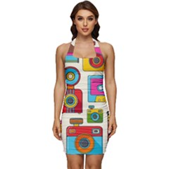 Retro-cameras-audio-cassettes-hand-drawn-pop-art-style-seamless-pattern Sleeveless Wide Square Neckline Ruched Bodycon Dress by Salman4z