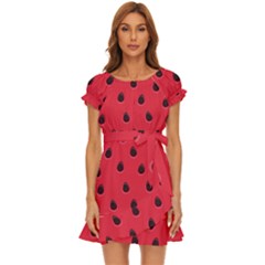 Seamless-watermelon-surface-texture Puff Sleeve Frill Dress