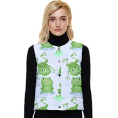 Cute-green-frogs-seamless-pattern Women s Short Button Up Puffer Vest by Salman4z