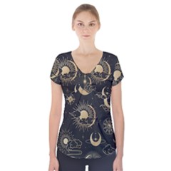 Asian-seamless-pattern-with-clouds-moon-sun-stars-vector-collection-oriental-chinese-japanese-korean Short Sleeve Front Detail Top by Salman4z