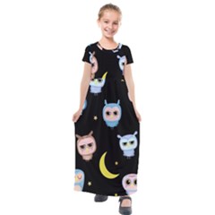Cute-owl-doodles-with-moon-star-seamless-pattern Kids  Short Sleeve Maxi Dress by Salman4z