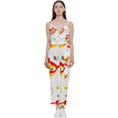 Seamless-pattern-vector-owl-cartoon-with-bugs V-neck Spaghetti Strap Tie Front Jumpsuit by Salman4z