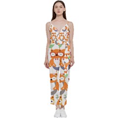 Cute-colorful-owl-cartoon-seamless-pattern V-neck Spaghetti Strap Tie Front Jumpsuit by Salman4z