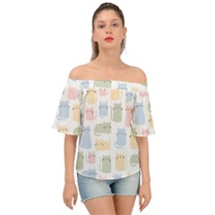 Cute-cat-colorful-cartoon-doodle-seamless-pattern Off Shoulder Short Sleeve Top by Salman4z