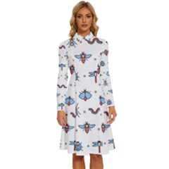 Insects-icons-square-seamless-pattern Long Sleeve Shirt Collar A-line Dress by Salman4z