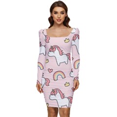 Cute-unicorn-rainbow-seamless-pattern-background Women Long Sleeve Ruched Stretch Jersey Dress by Salman4z