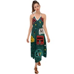 Seamless-pattern-hand-drawn-with-vehicles-buildings-road Halter Tie Back Dress  by Salman4z