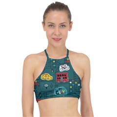 Seamless-pattern-hand-drawn-with-vehicles-buildings-road Racer Front Bikini Top by Salman4z