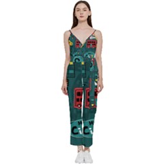 Seamless-pattern-hand-drawn-with-vehicles-buildings-road V-neck Spaghetti Strap Tie Front Jumpsuit by Salman4z