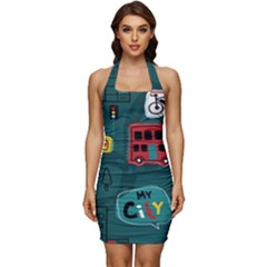 Seamless-pattern-hand-drawn-with-vehicles-buildings-road Sleeveless Wide Square Neckline Ruched Bodycon Dress by Salman4z