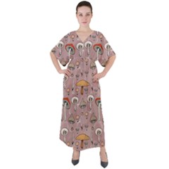 Mushrooms Autumn Fall Pattern Seamless Decorative V-neck Boho Style Maxi Dress by pakminggu