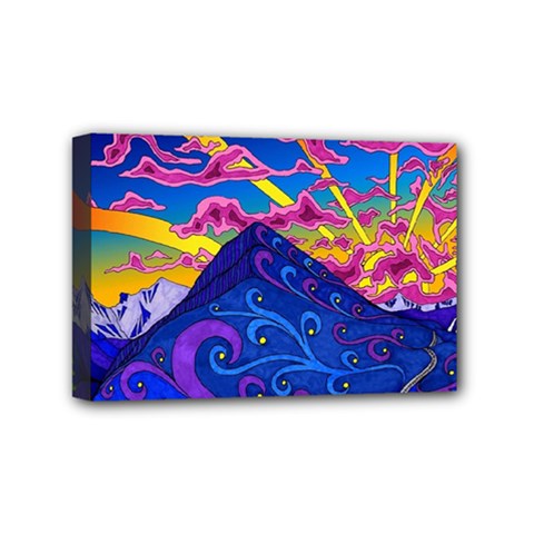 Psychedelic Colorful Lines Nature Mountain Trees Snowy Peak Moon Sun Rays Hill Road Artwork Stars Mini Canvas 6  X 4  (stretched) by pakminggu